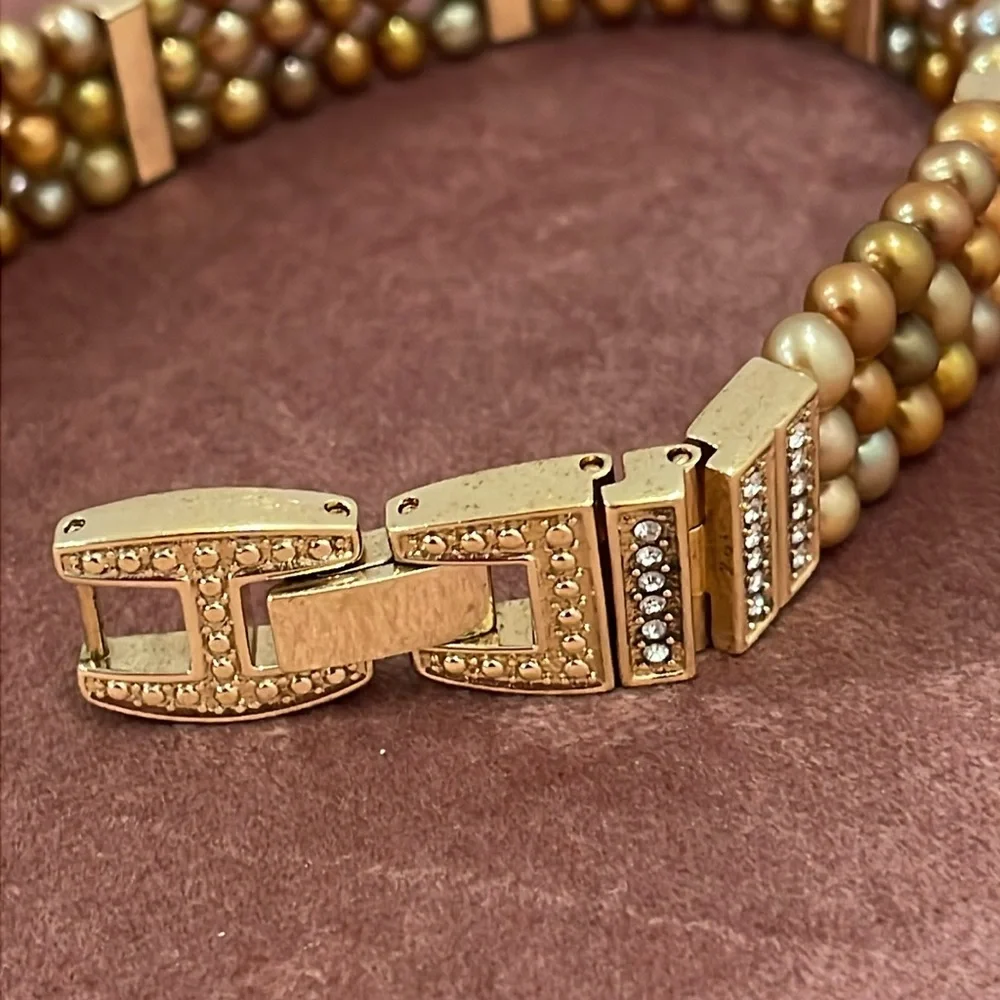 Gold Tone Three Strand Bracelet with Cultured Pearls and Rhinestones